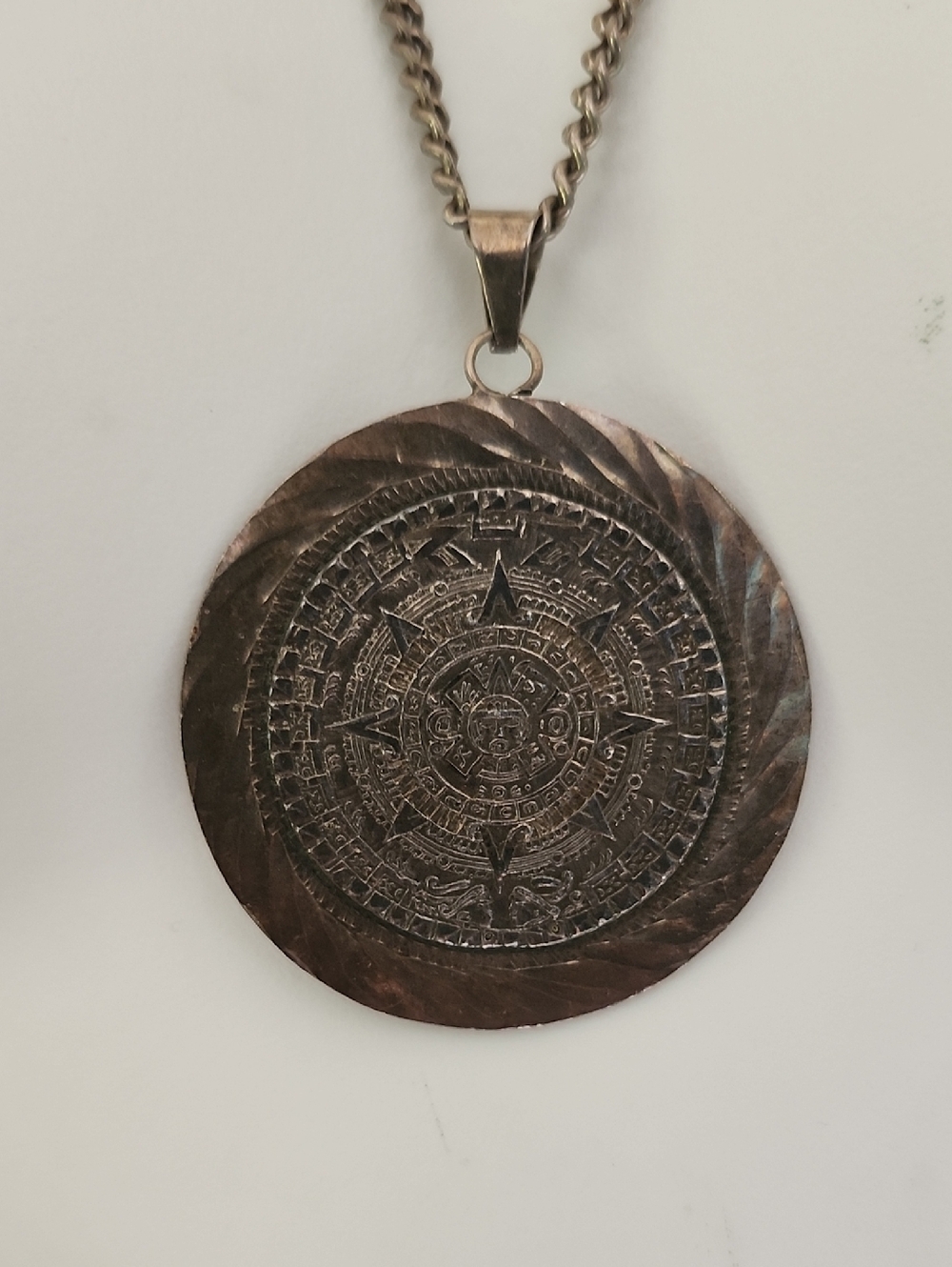 Vtg Taxco Sterling Silver Mayan/Aztec Calendar Pendant Necklace